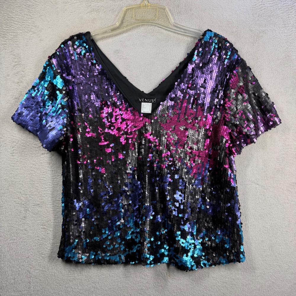 Venus Sequin Top Womens 8 Multi Color V-Neck Short Sleeve Party Glam Z86566
